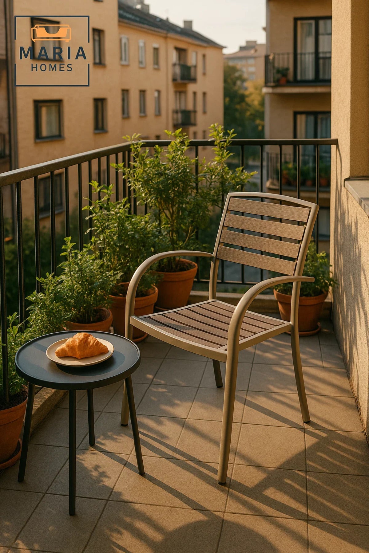 Brown Beige Outdoor Armchair Durable Metal Frame Modern Garden Balcony Patio Dining Chair