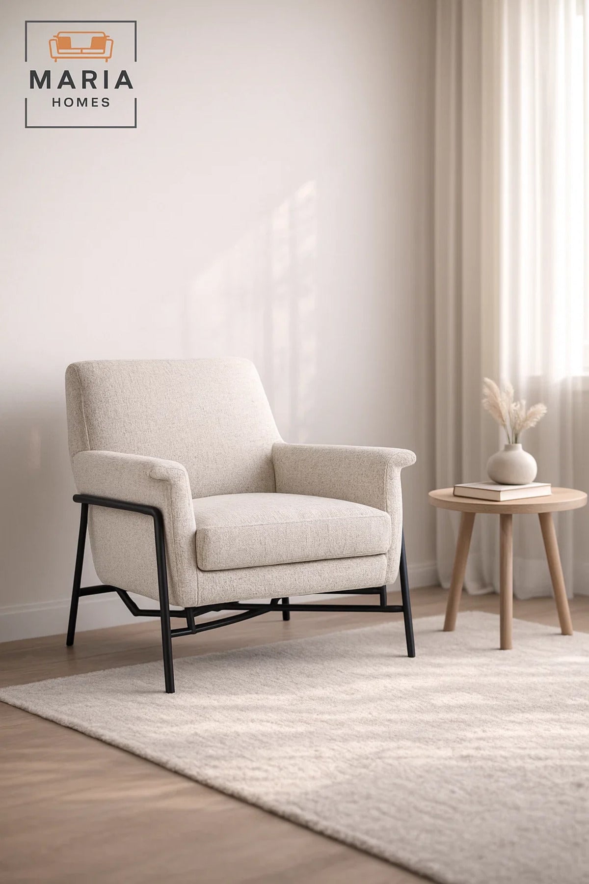 Modern Upholstered Armchair Beige Comfortable Accent Chair with Metal Frame