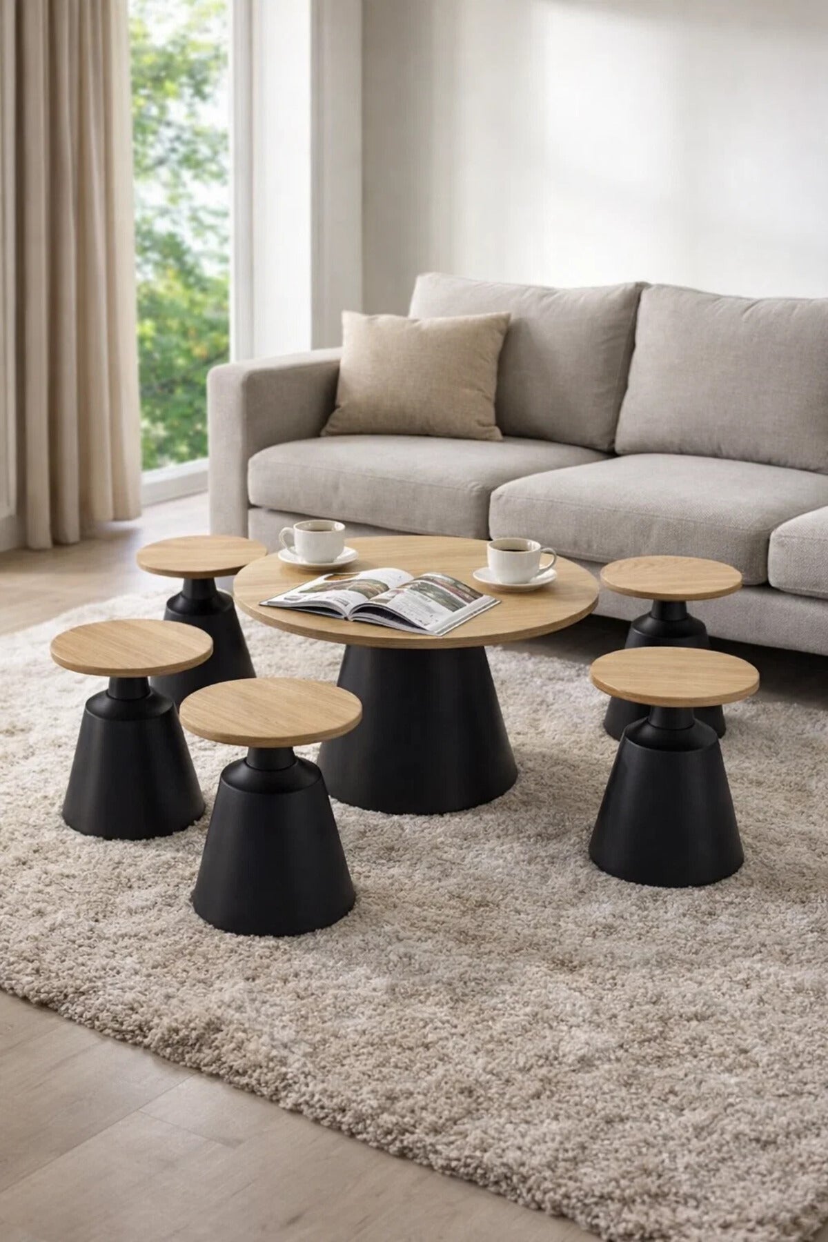 Round Wood Coffee Table Set with 6 Side Tables 80 _ 45 cm round wood coffee Center