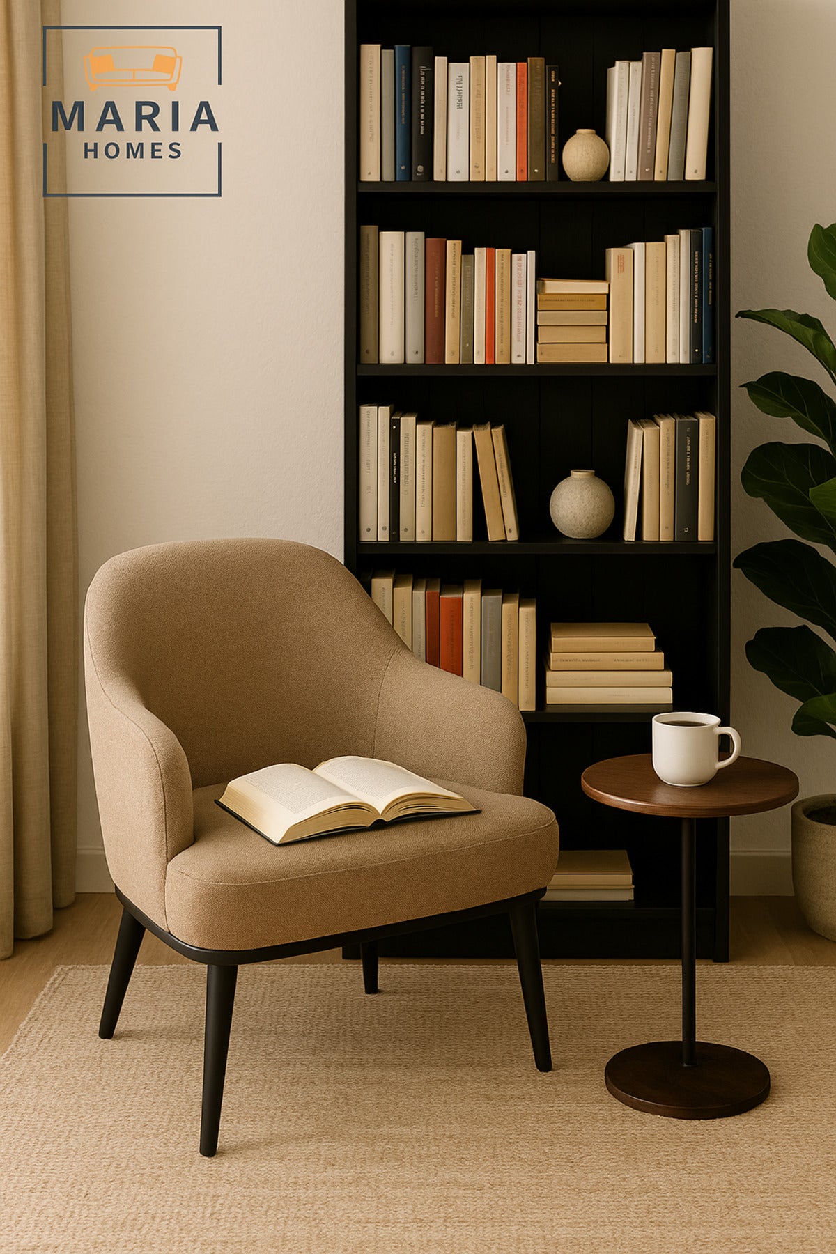 Modern Coffee Brown Accent Chair Ð Upholstered Single Seat with Black Wooden Legs