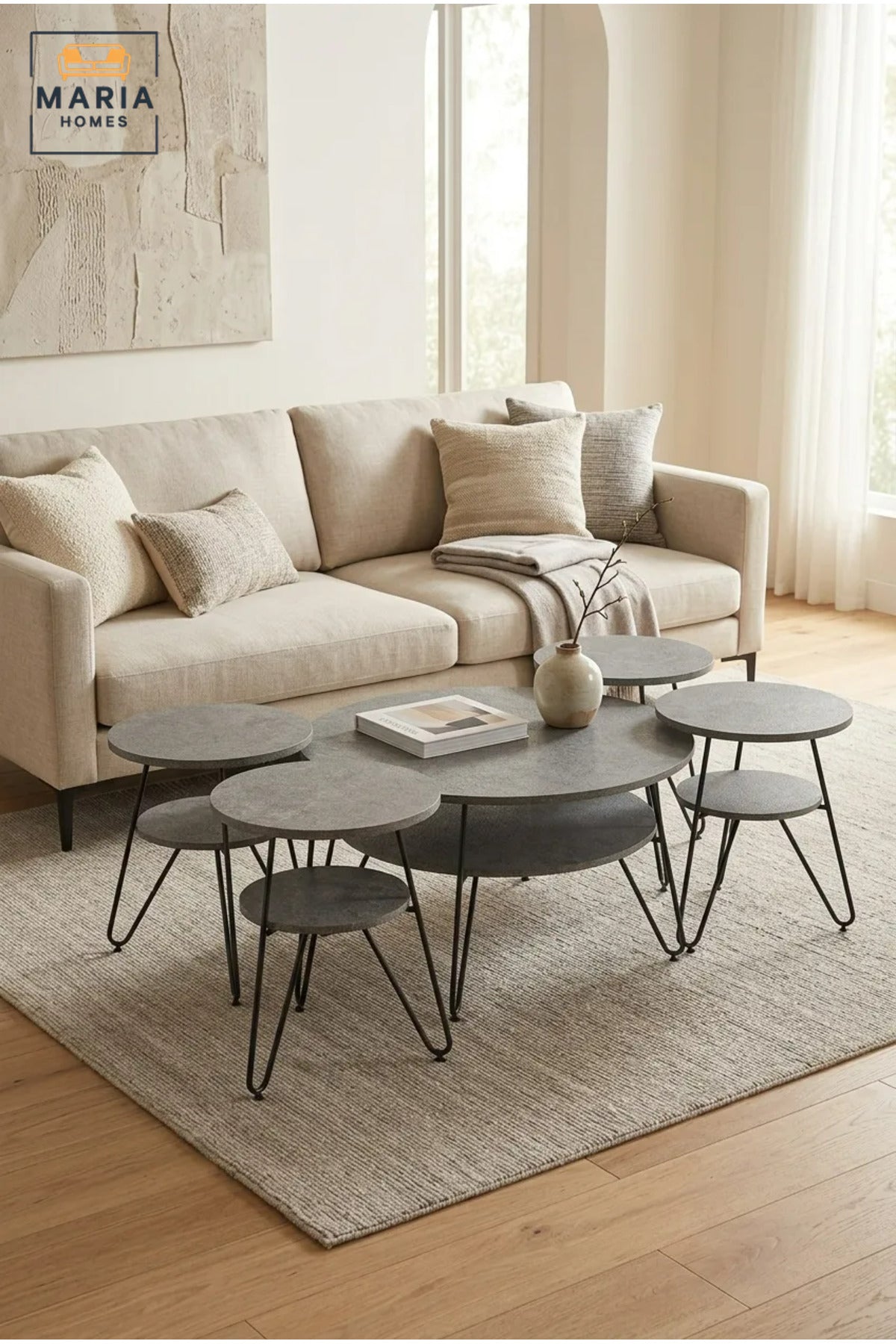 Modern Five-Piece Round Coffee Table Set with Four Nesting Side Tables, Lower Storage Shelves and Hairpin Legs for Living Room, Lounge and Office