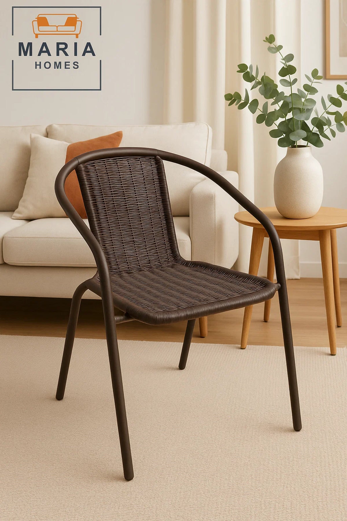Brown Wicker-Style Plastic Chair with Armrest Ð Durable Stackable Outdoor/Indoor Seating Solution