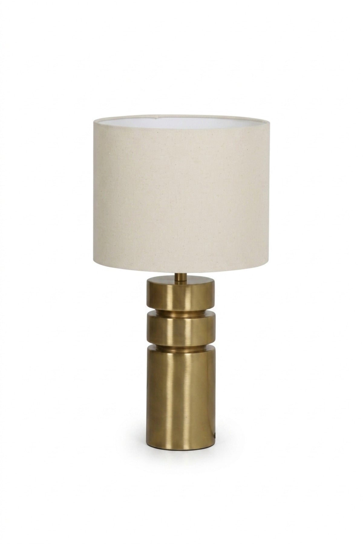 Modern Gold Cylindrical Table Lamp with Layered Base and Fabric Drum Shade Decorative Bedside Light for Bedroom Living Room Office and Hotel Décor