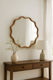 Round Wavy Frame Decorative Wall Mirror Ð Natural Wood 77_77 cm