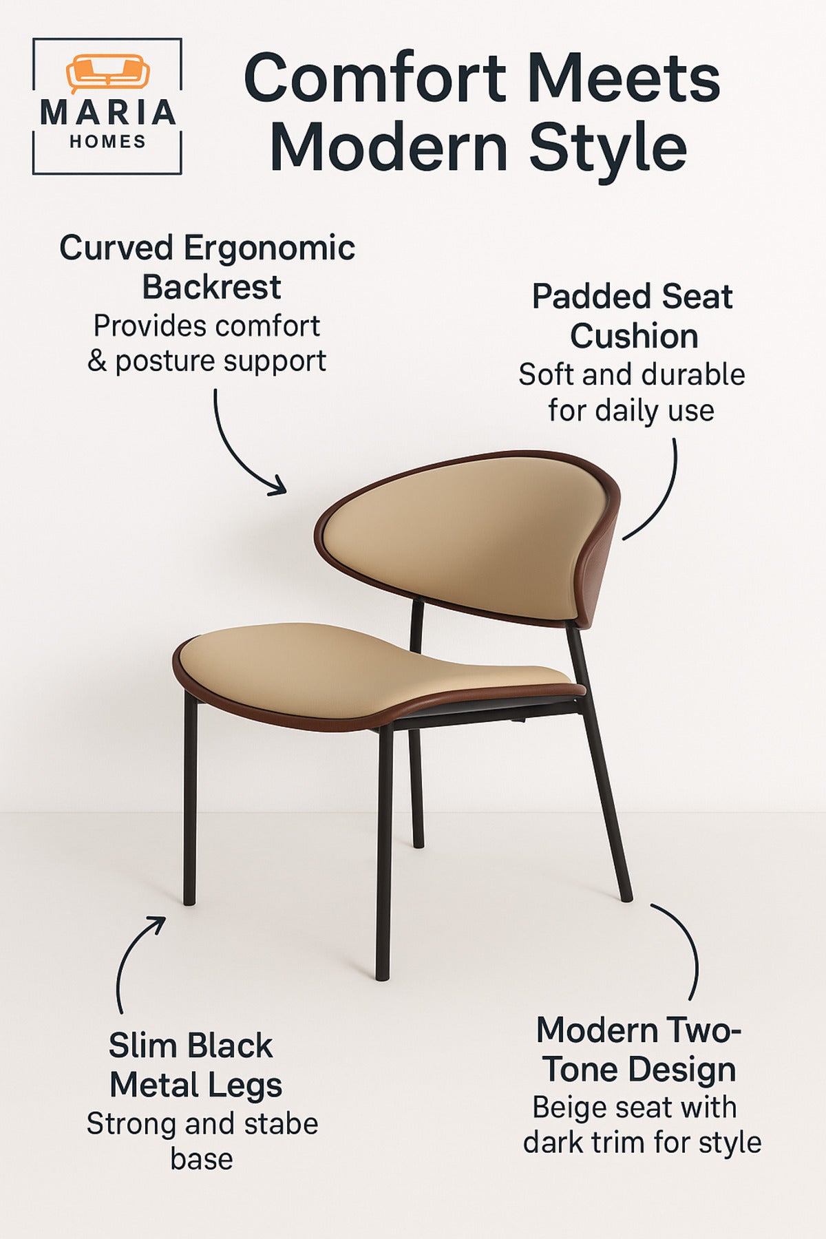 Modern Beige Dining Chair Ð Upholstered Seat with Wood Accent & Black Metal Legs