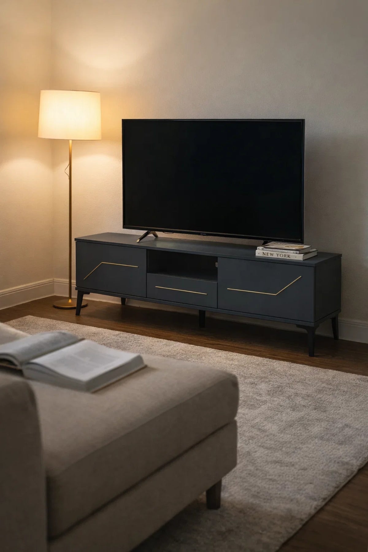 Dark Grey TV Stand √ê 140x40x45 cm Modern Plasma Table with Cabinets & Open Shelf
