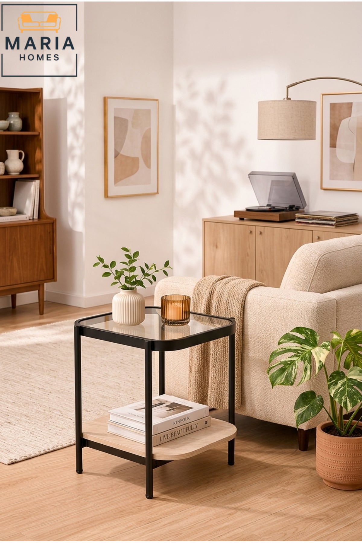 Modern Glass Side Table with Storage Shelf √ê Contemporary End Table with Black Metal Frame and Wood Shelf