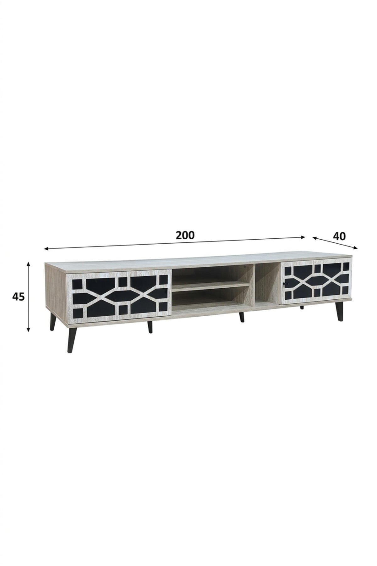 Modern TV Stand with Geometric Doors √ê Entertainment Unit with Open Storage Shelves