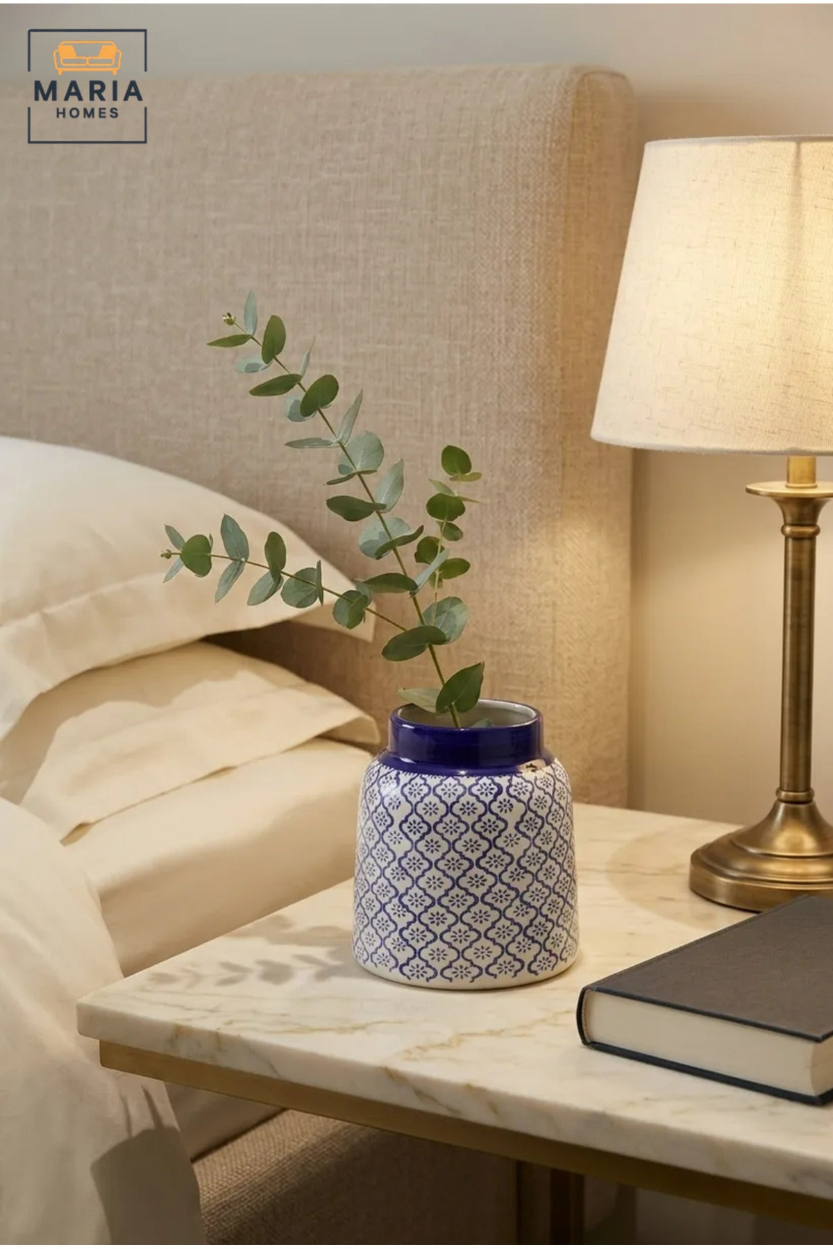 Blue and White Patterned Decorative Vase, Modern Ceramic Flower Holder with Wide Glossy Rim for Living Room, Bedroom, Office, Shelf and Table Décor