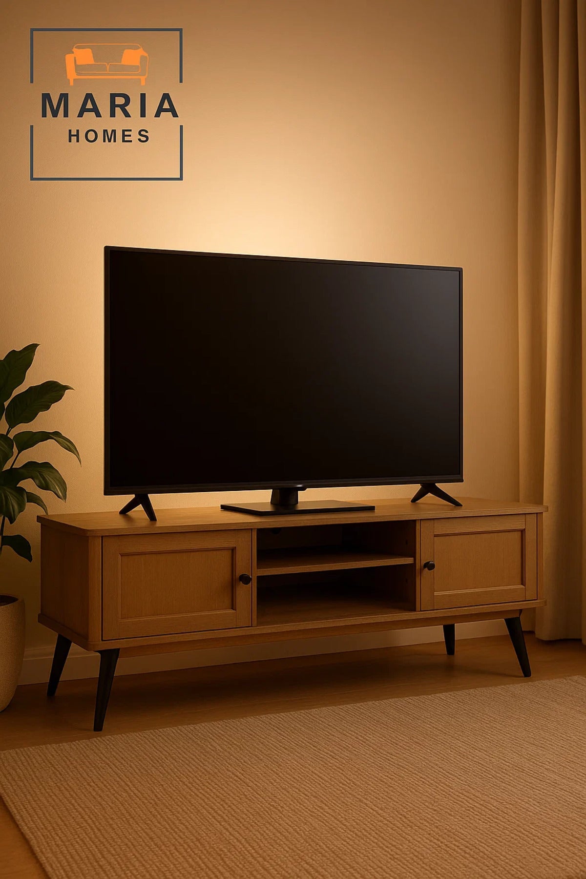 Wooden TV Stand with Paneled Doors and Black Metal Legs Ð 160x40x50 cm Brown Media Console