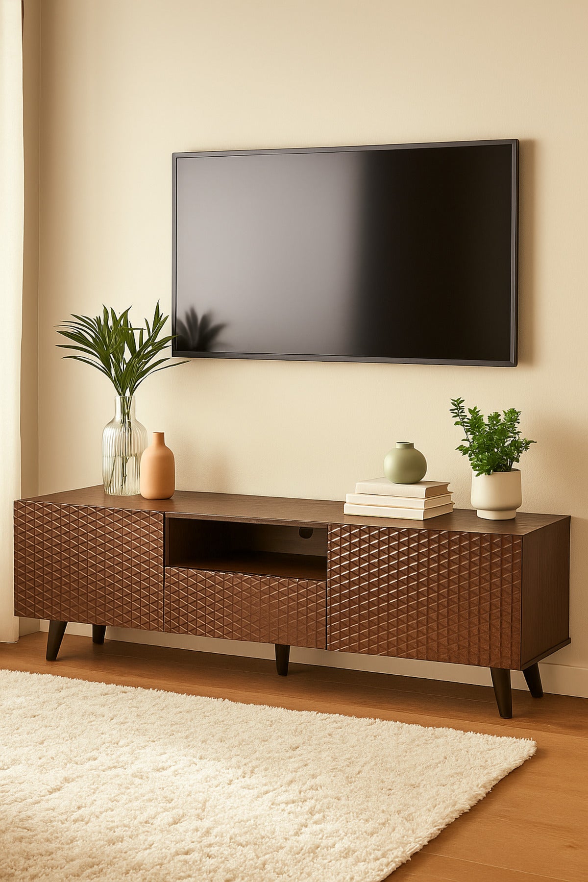 Brown Wooden TV Stand 180_40_61 cm Ð Modern Textured Design TV Unit with Storage Cabinets