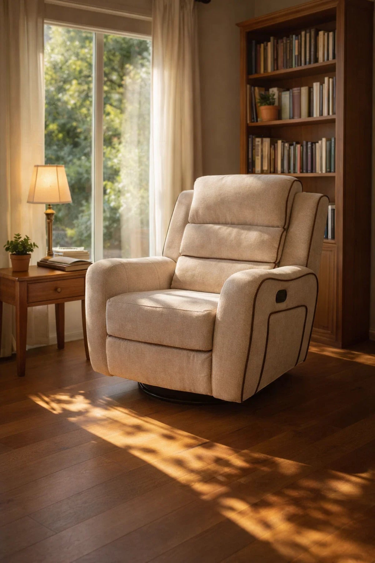 Elegant Beige Swivel Rocking Armchair with Contrast Trim for Modern Living Room Comfort and Style