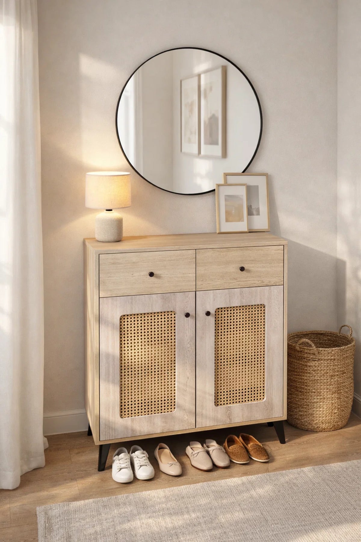 Modern Rattan Shoe Cabinet with Drawers - Wooden Storage Cupboard for Hallway and Living Room
