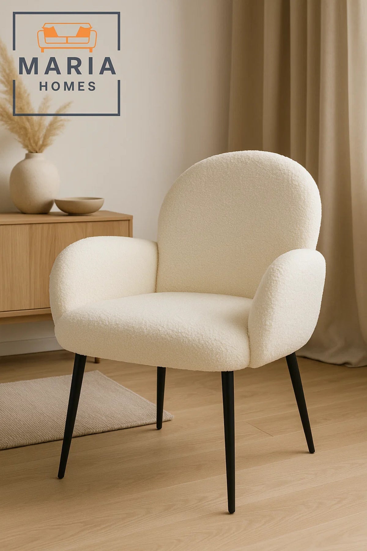 White BouclŽ Accent Armchair Ð Cozy Upholstered Lounge Chair with Black Legs for Home or Office