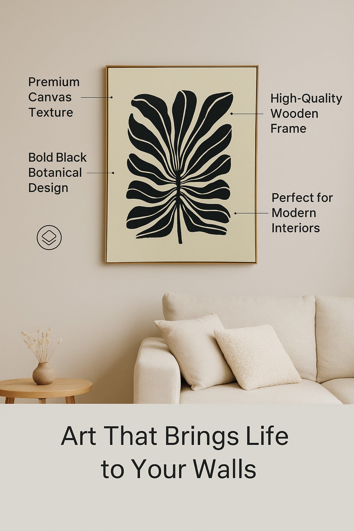 3D Abstract Black Leaf Wall Art with Wooden Frame Ð 120_80 cm