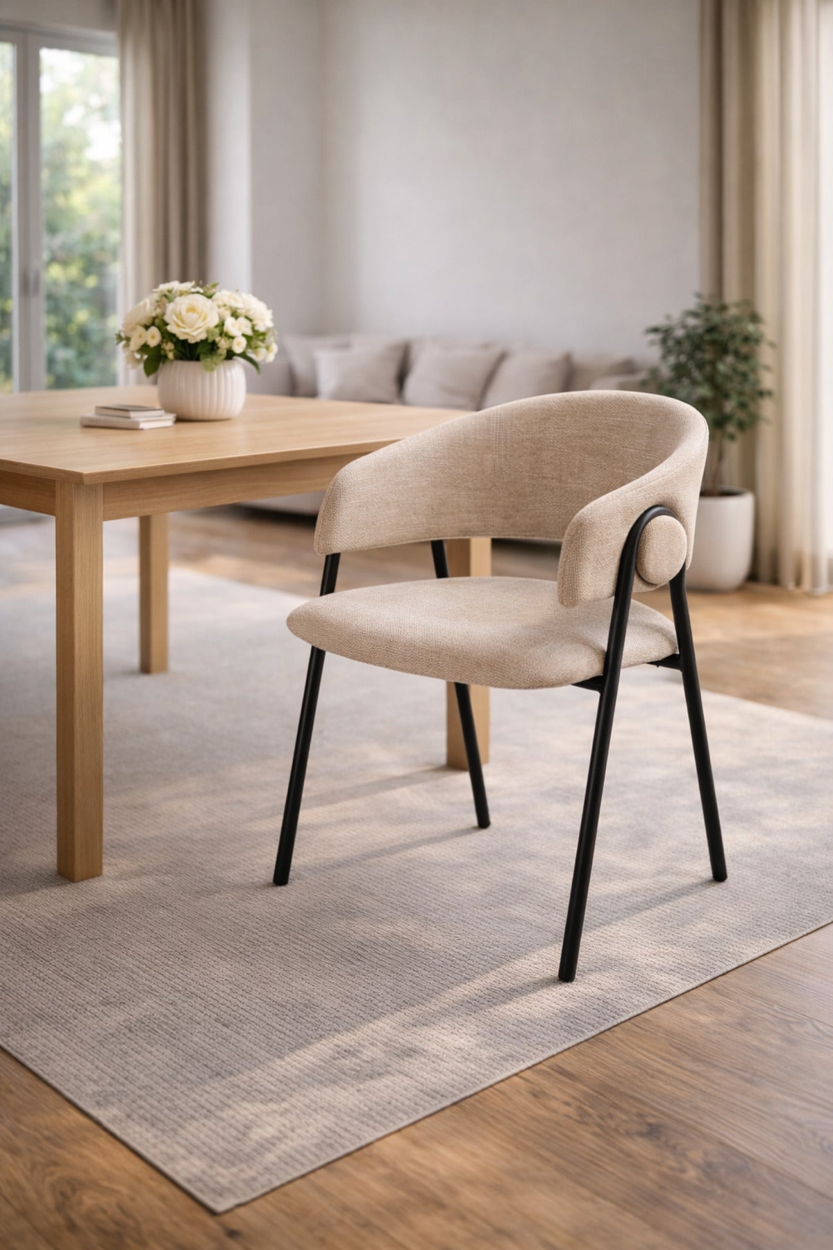 Light Beige Armchair with Black Metal Legs, 80x45x49 CM light beige armchair Kitchen