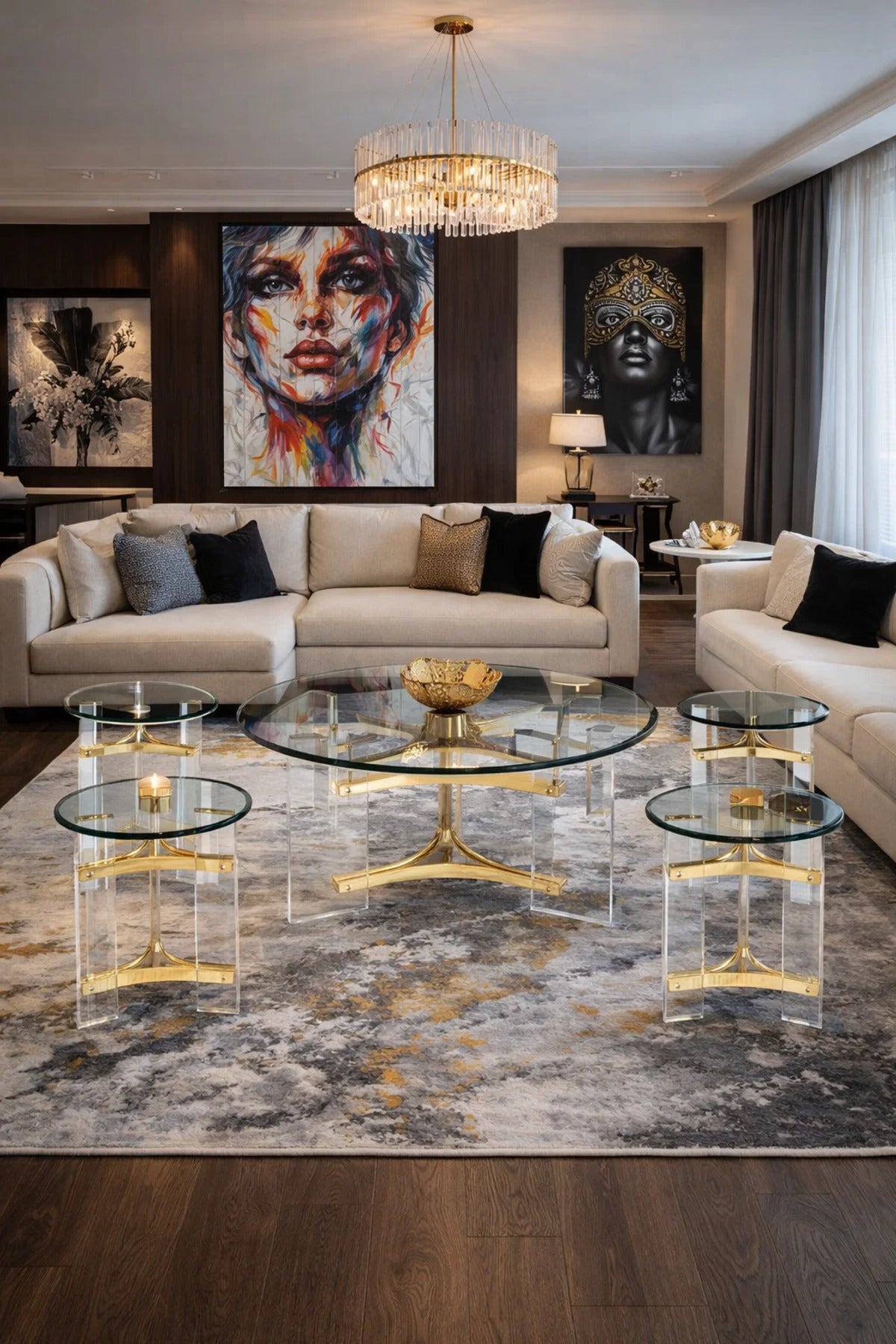 5-Piece Glass Coffee Table Set with Gold Acrylic Base √ê Modern Living Room Set