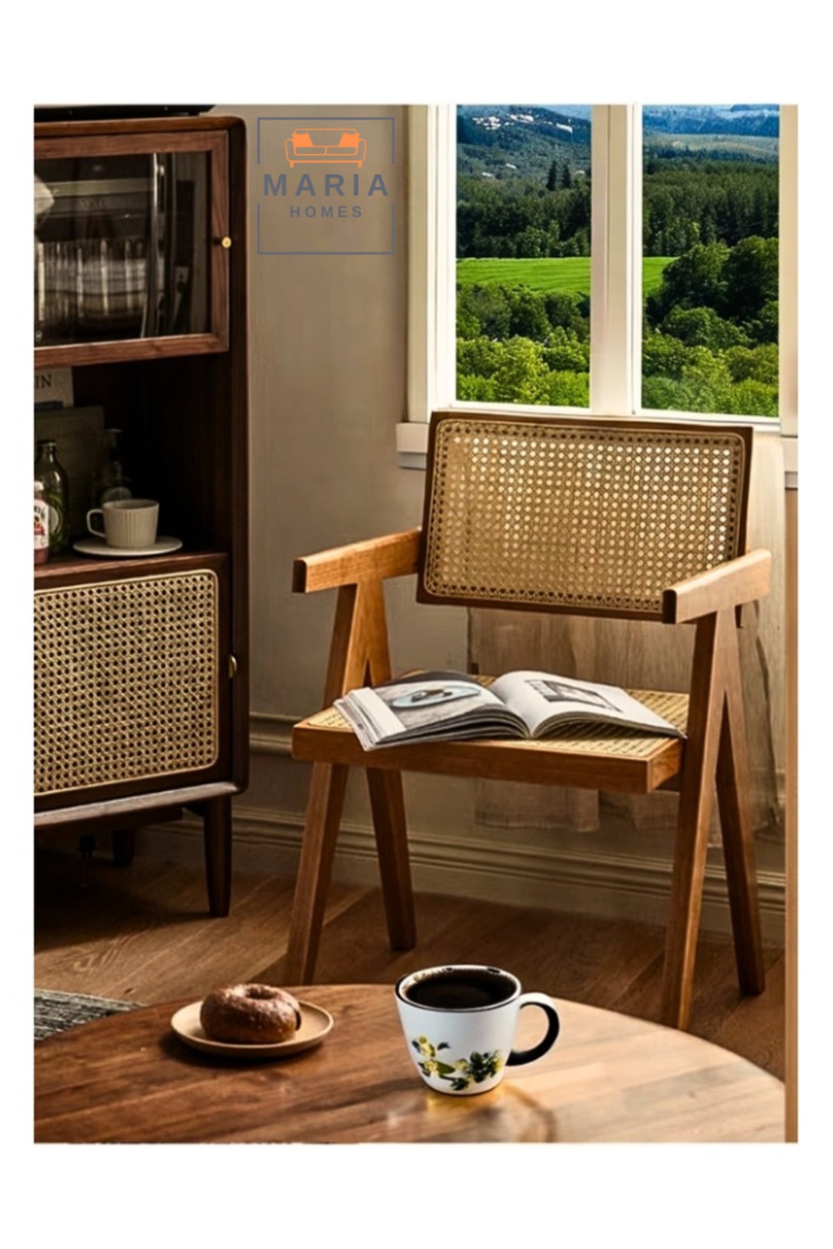 Mid-Century Modern Accent Chair - Solid Wood Frame Armchair with Rattan for Home, Office Living Room
