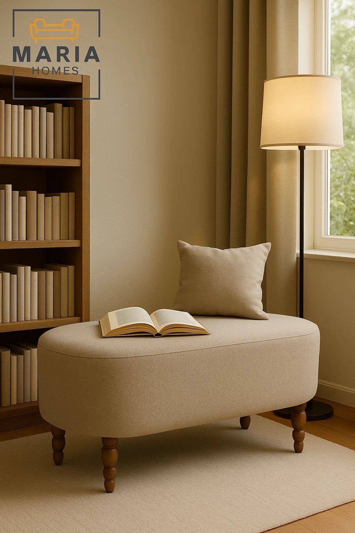 Large Oval Beige Ottoman with Wooden Turned Legs