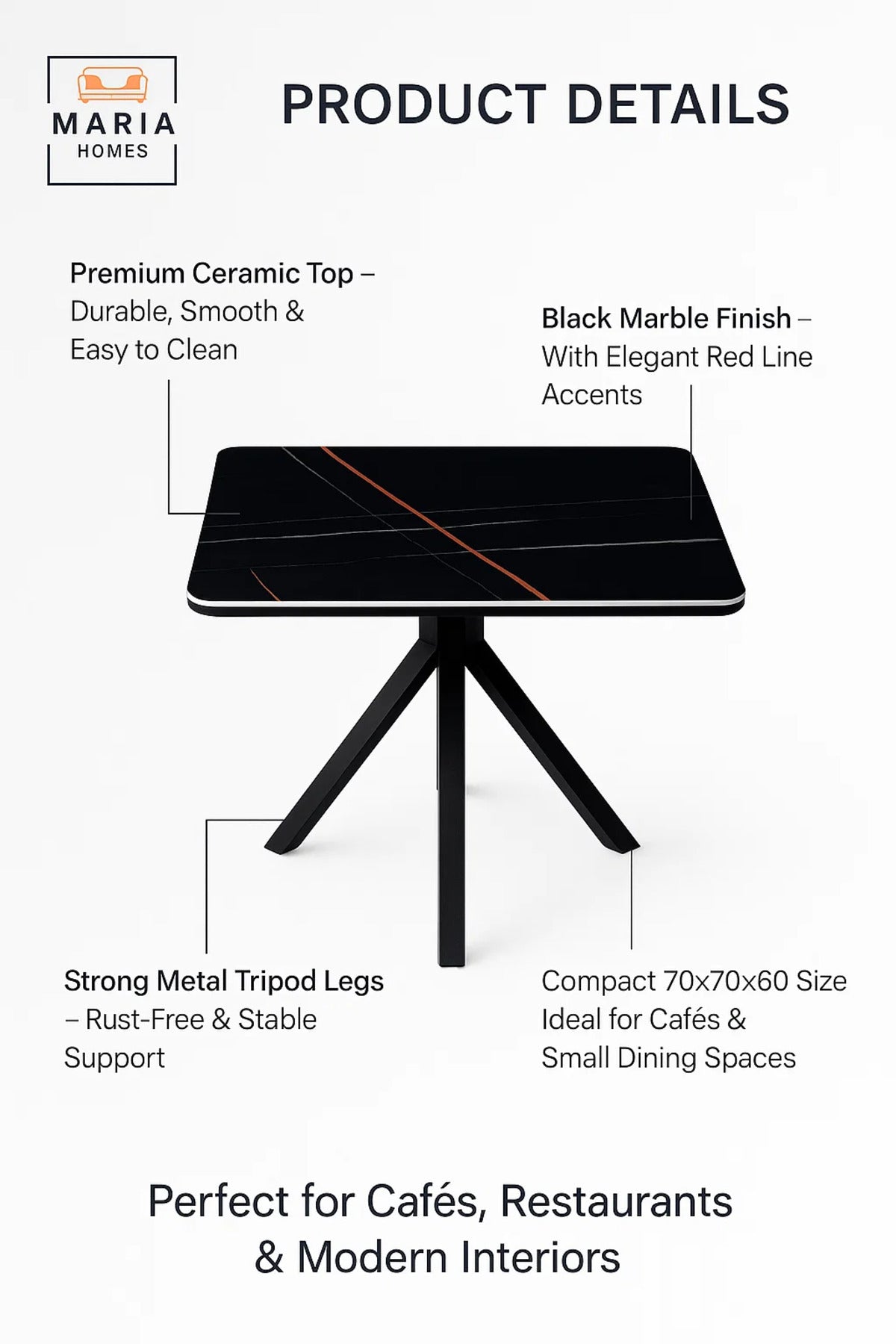 Square Black Dining Table √ê Modern Caf≈Ω, Restaurant, Office & Home Metal Furniture 70_70_60 cm