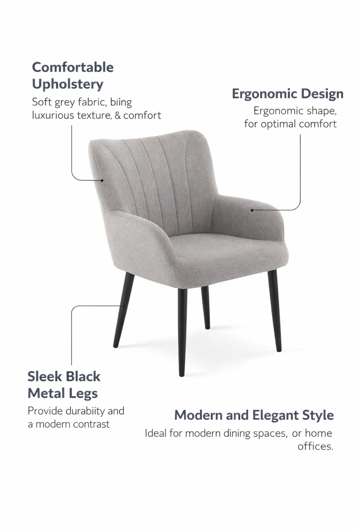 Luxury Grey Boucle Dining Chair with Arms Modern Upholstered Armchair Black Legs Living Room