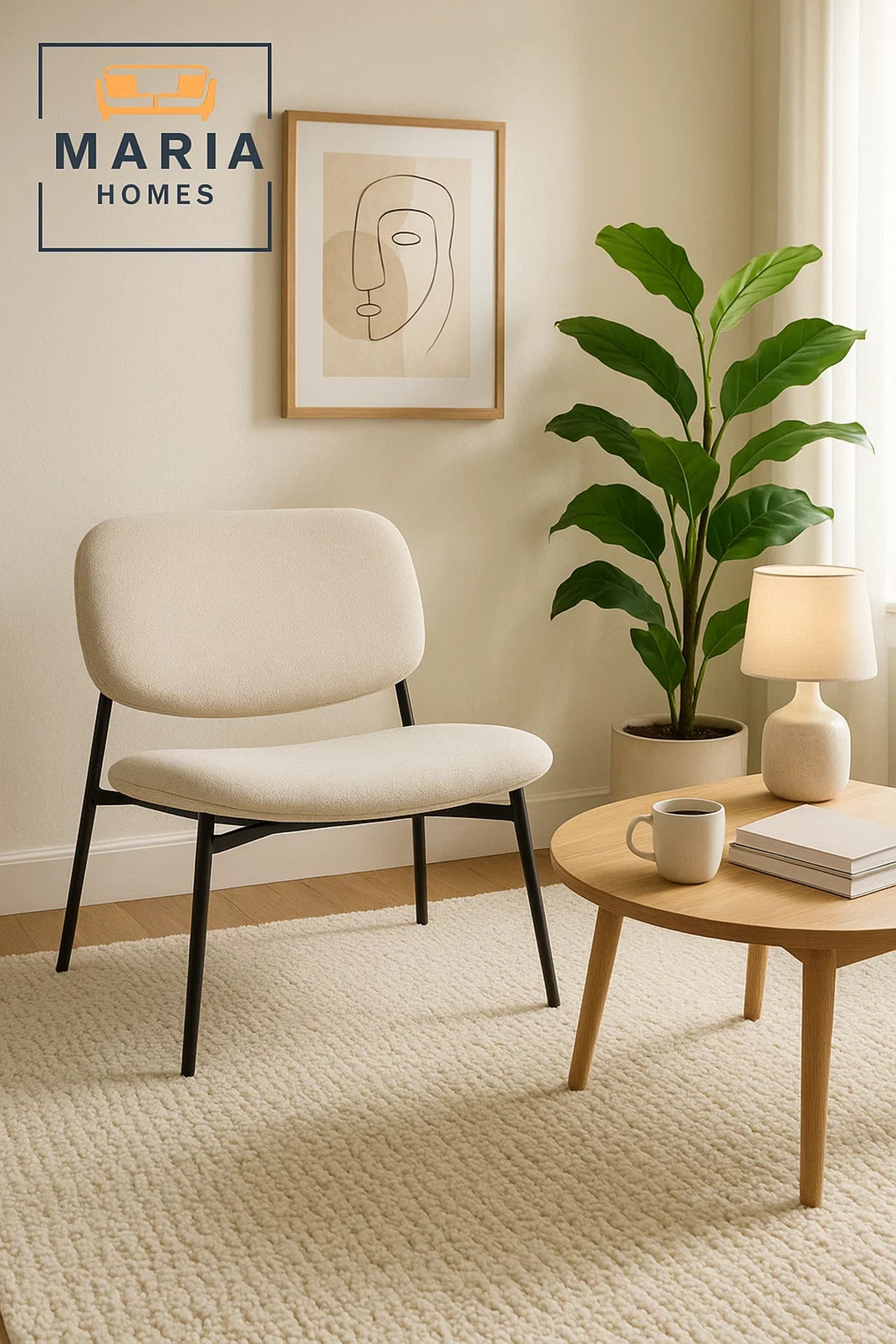 Modern Cream Lounge Chair with Black Metal Legs