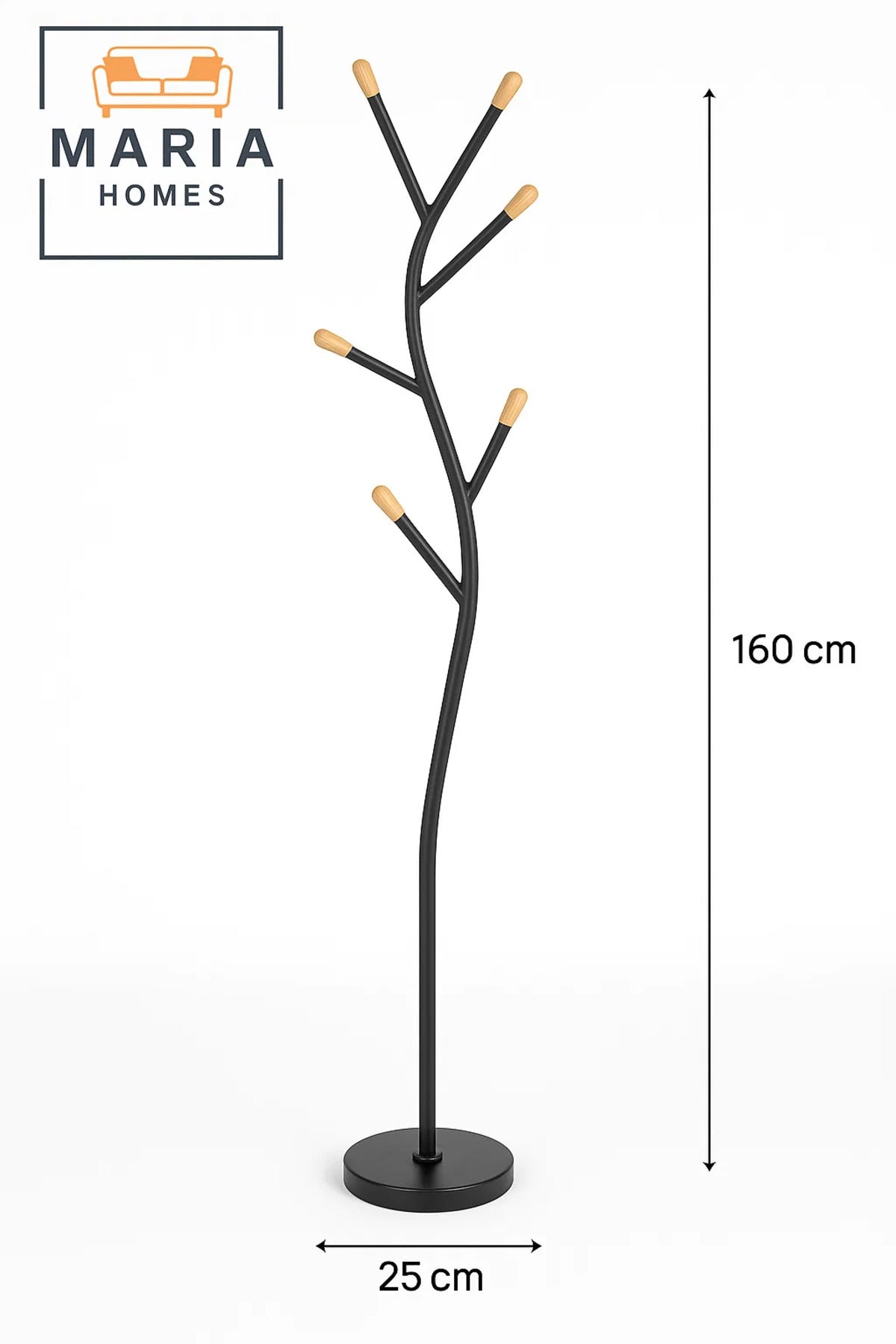 Black Tree-Shaped Metal Coat Rack with Wooden Hook Tips