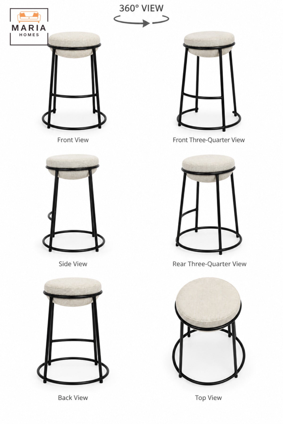 Modern Round Bar Stool with Padded Fabric Seat & Circular Footrest | Beige Upholstered High Counter Chair with Slim Black Frame for Kitchen and Café 70x33 cm