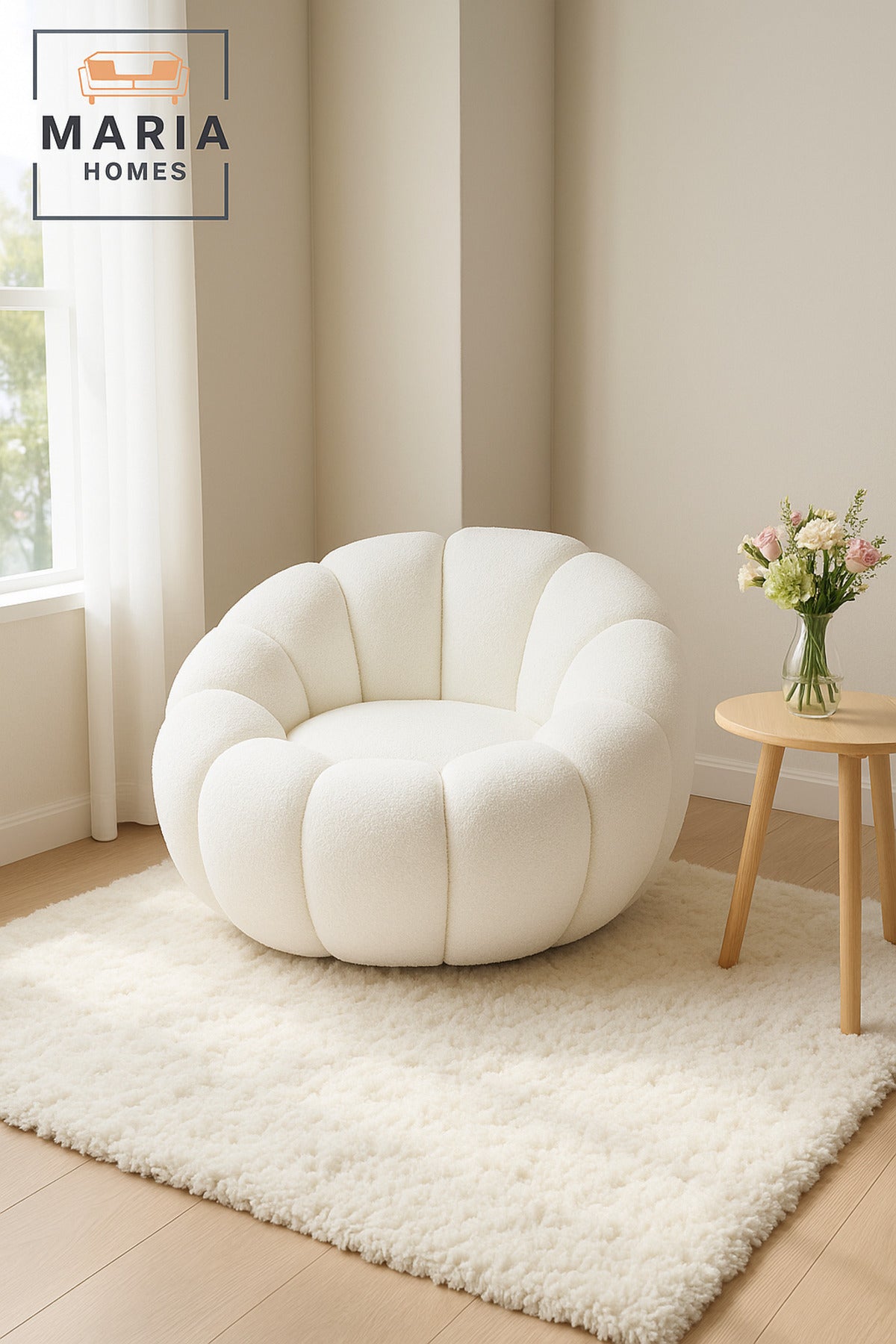 White BouclŽ Cloud Chair Ð Modern Lounge Accent Armchair for Living Room & Bedroom