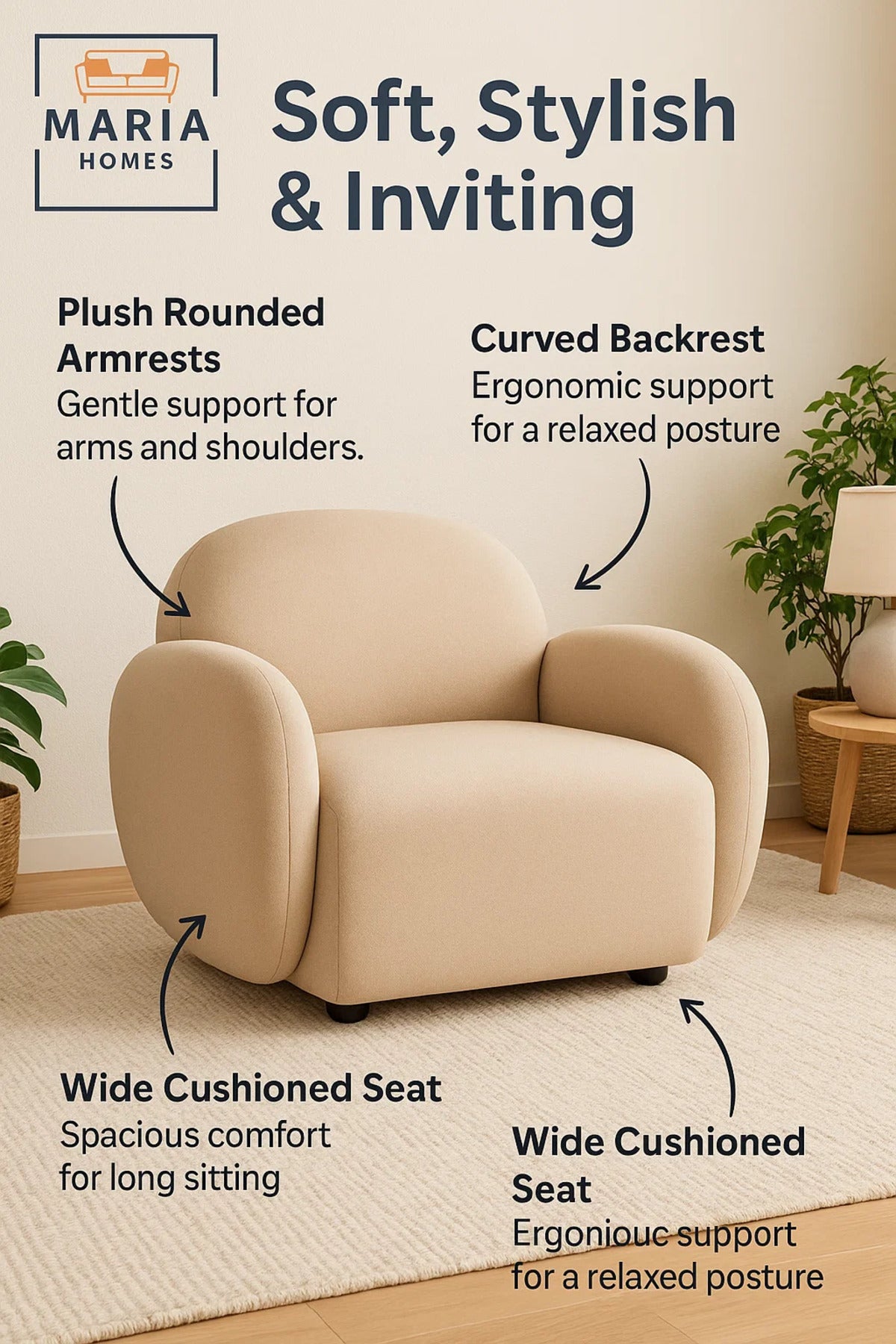 Plush Beige Armchair with Rounded Design