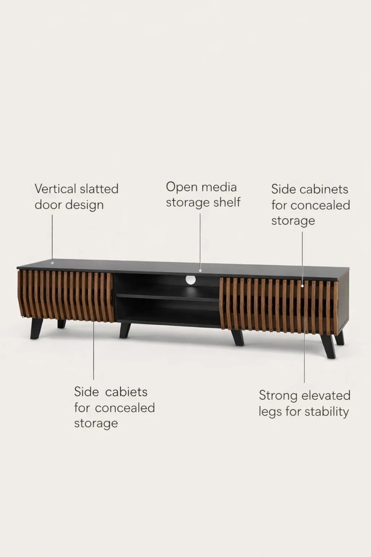 Modern Wooden TV Stand Black and Dark Brown with Slatted Design 160 x 40 x 43 cm