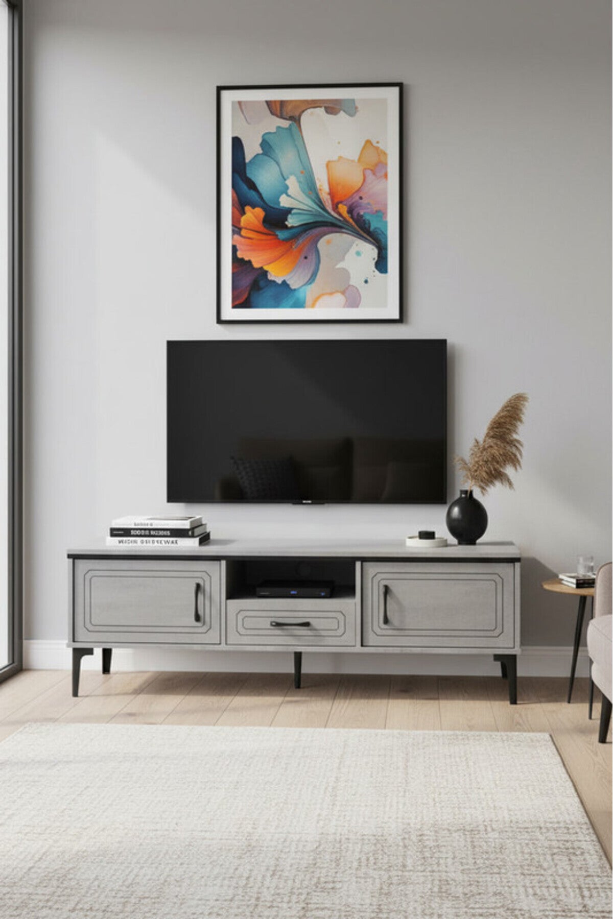 Modern Grey TV Table with Drawers and Open Shelf