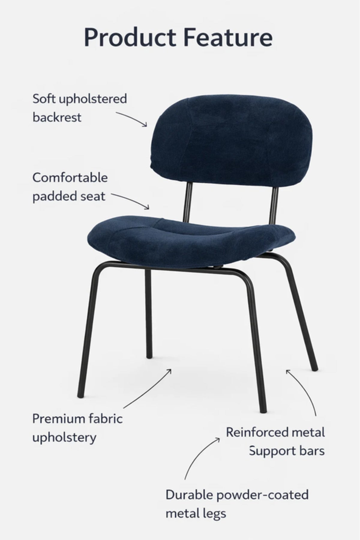 Modern Blue Velvet Dining Chair with Black Metal Legs Comfortable Dining Room Chair