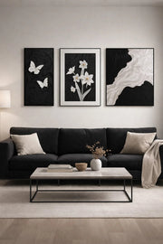Modern 3-Piece Black and White Wall Art Set 3D Relief Effect Floral Abstract Decor for Living Room
