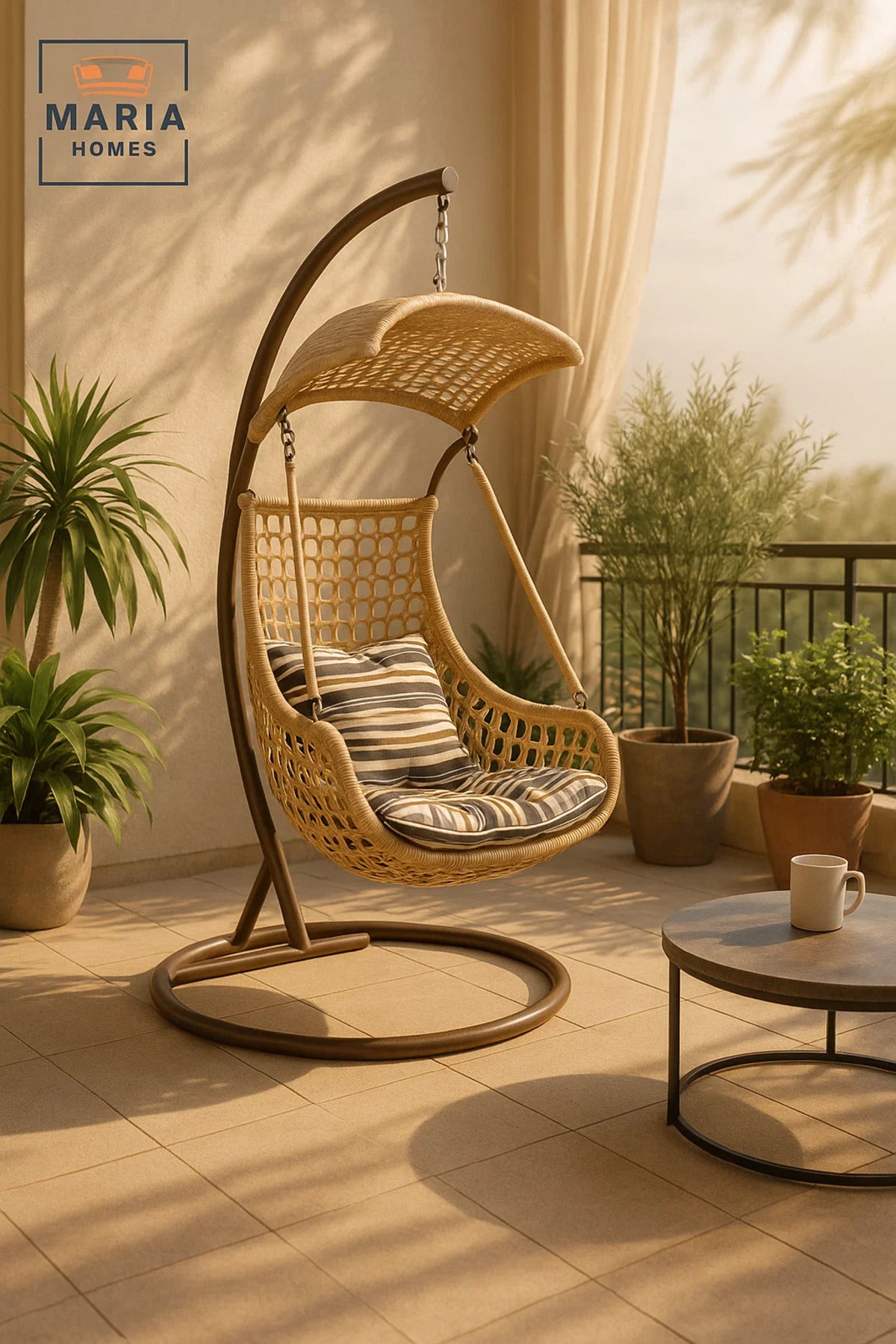 Modern Beige Rattan Hanging Swing Chair with Stand and Cushion for Outdoor Garden Balcony