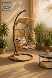 Modern Beige Rattan Hanging Swing Chair with Stand and Cushion for Outdoor Garden Balcony
