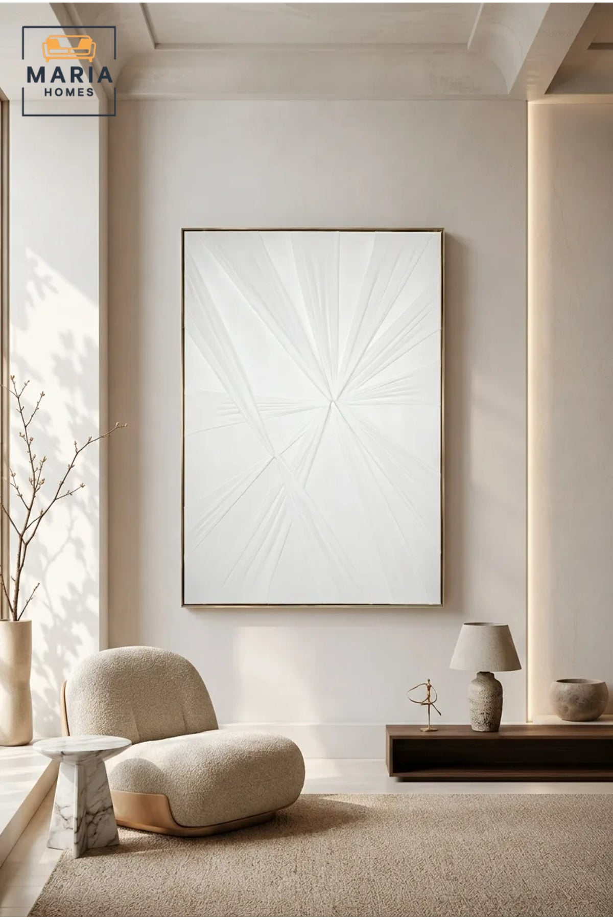 Modern White Geometric Textured Wall Art – Abstract 3D Framed Canvas for Contemporary Interior Décor