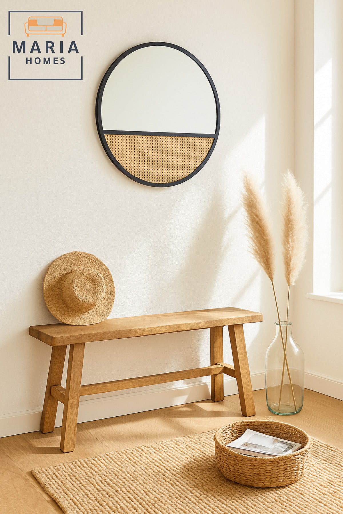 Round Wall Mirror 80cm Ð Black Wood Frame With Rattan Accent