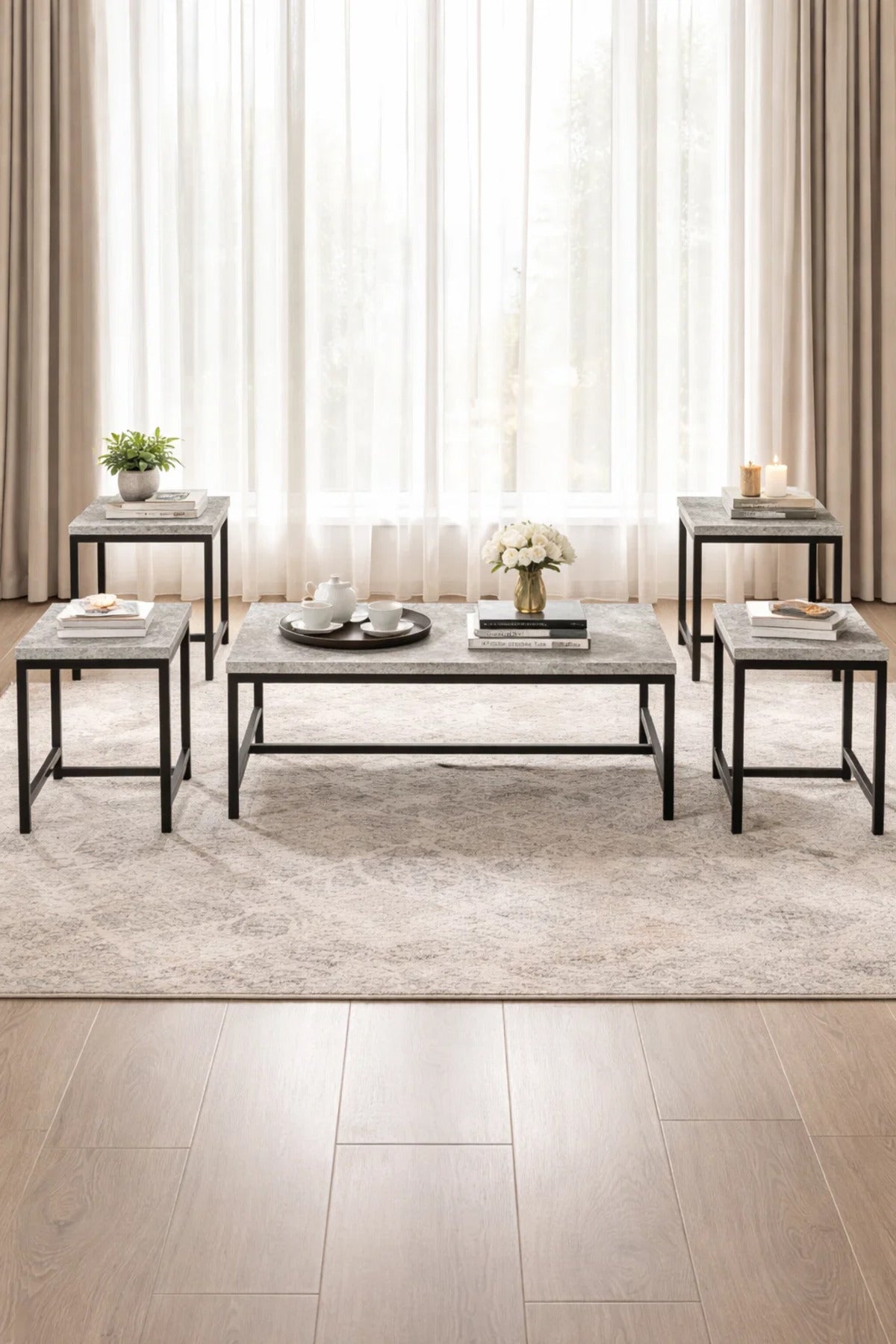 Grey 5-Piece Nesting Coffee Table Set Industrial Metal Frame for Modern Living Room Interiors