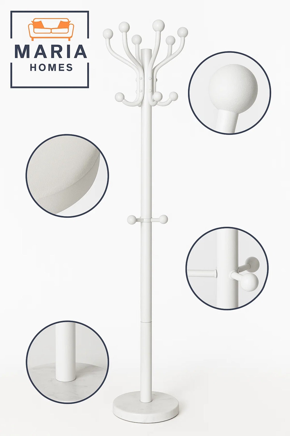 White Multi-Hook Coat Rack with Round Marble-Look Base