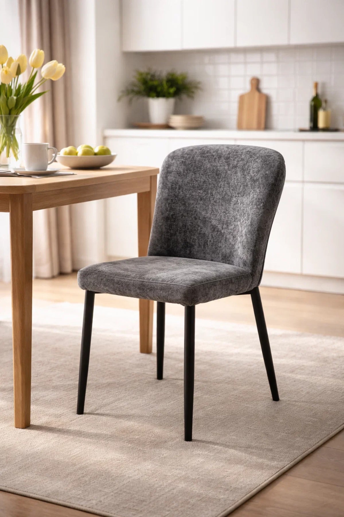 Dark Grey Upholstered Dining Chair with Cushioned Seat Modern Fabric Dining Chair