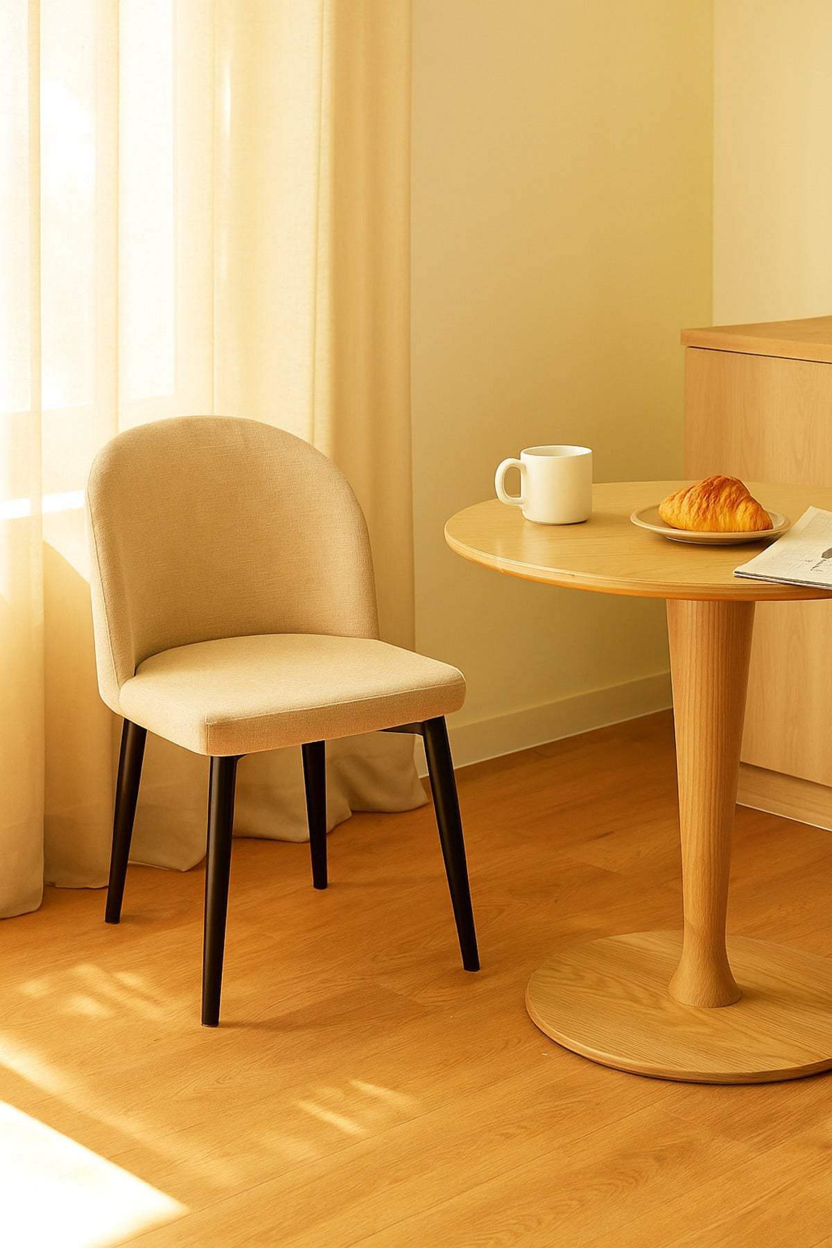 Beige Fabric Dining Chair Modern Upholstered Curved Back Chair with Black Metal Legs for Dining Room