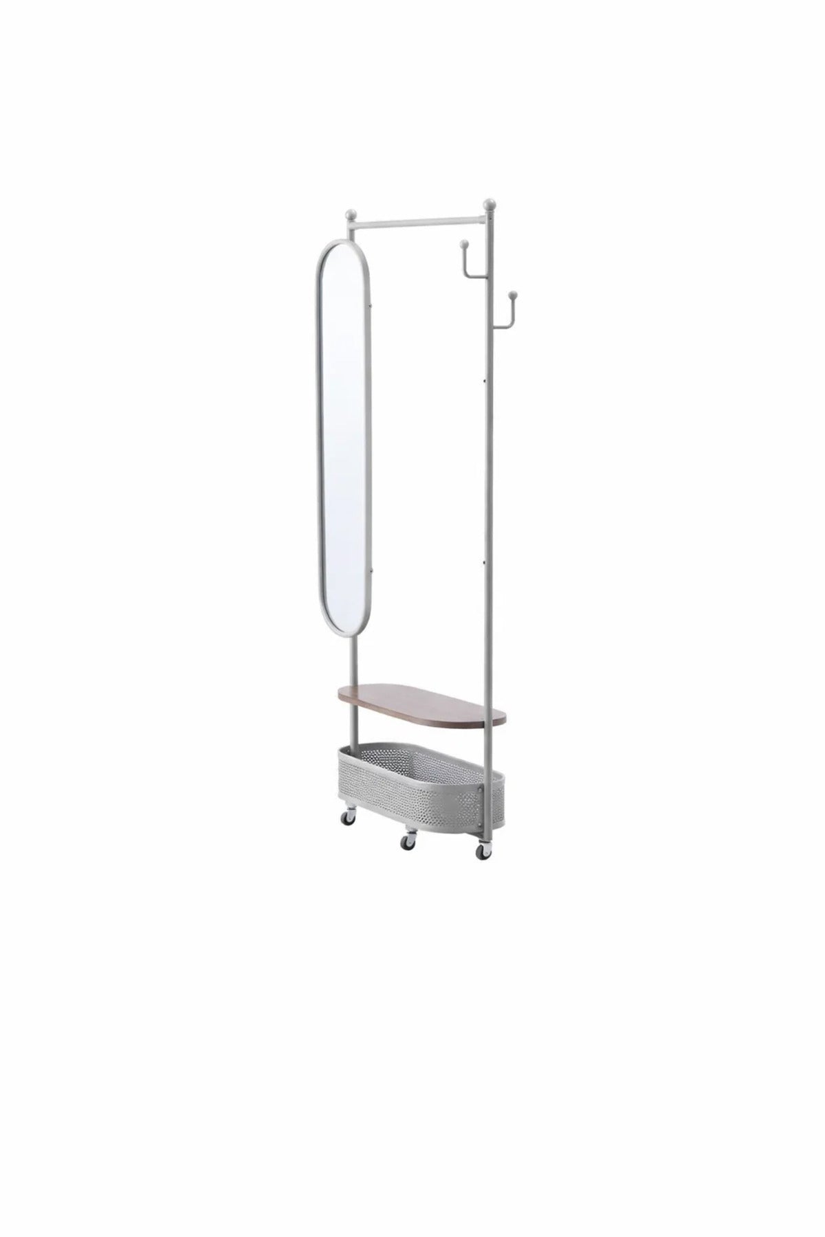 Modern Mobile Coat Rack Stand with Oval Mirror Shelf and Basket Storage for Hallway Organization