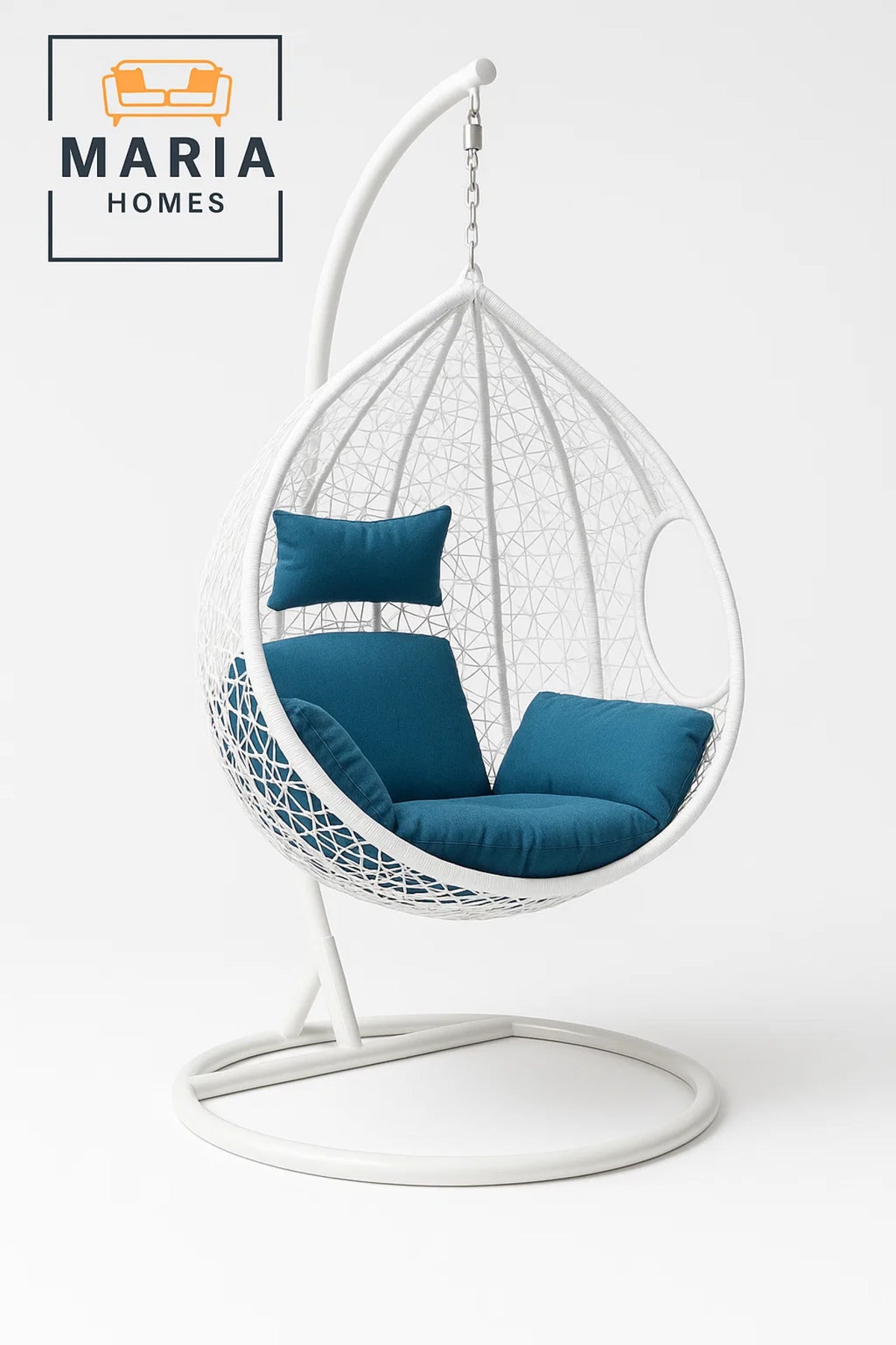 White Hanging Swing Chair with Blue Cushion and Steel Stand for Balcony Garden Patio