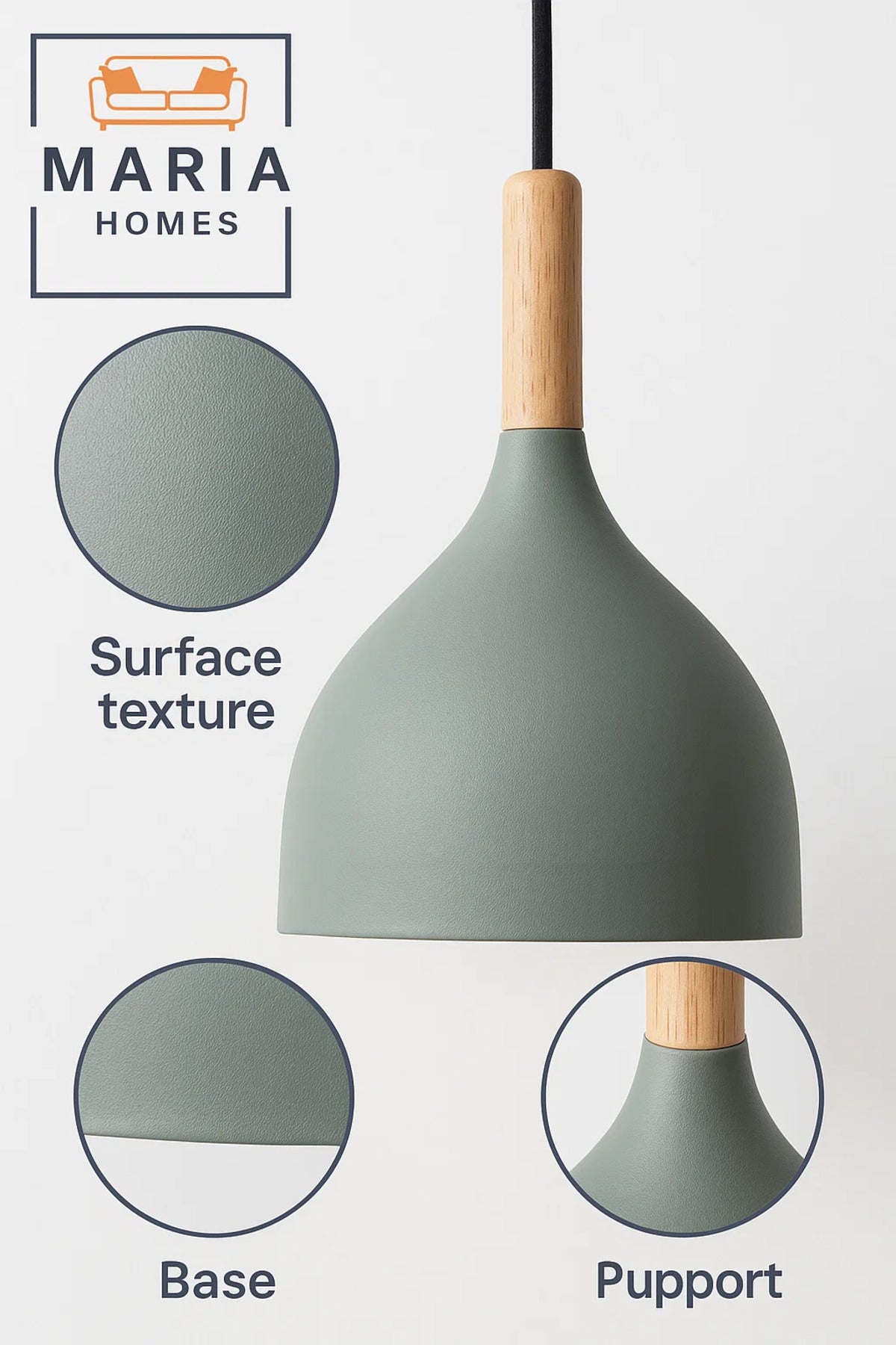 Matte Grey Pendant Light with Wood Neck