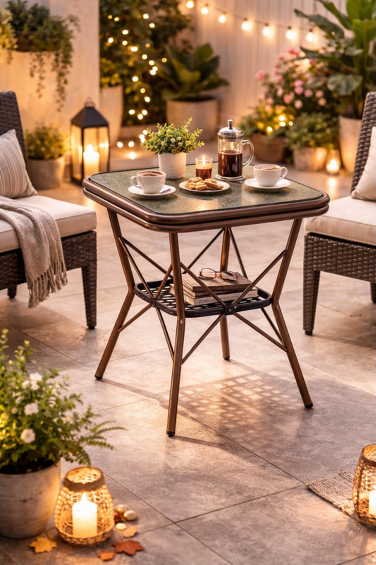 Modern Beige&Coffee Square Side Table with Marble-Effect Top & Metal Cross Base