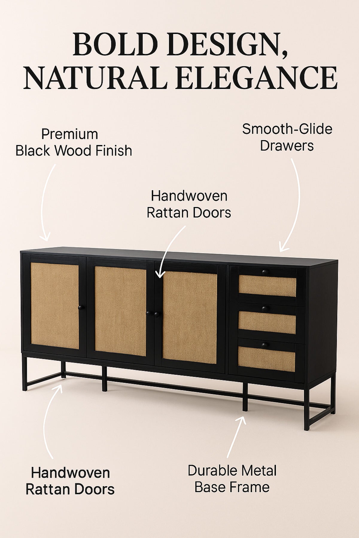 Black Rattan Console Table 160_40_85 cm Ð Modern Wooden 4-Door Storage Cabinet with 3 Drawers