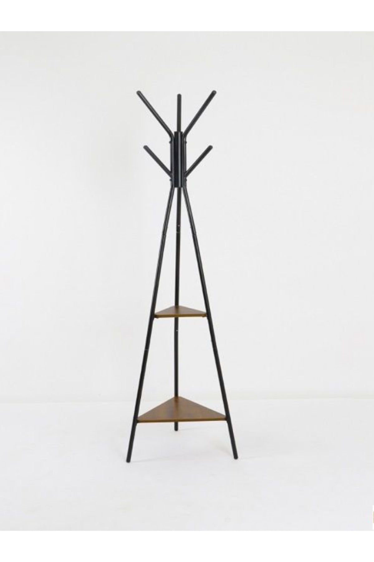 Modern Black Coat Rack Ð Metal Clothes Stand with Dual Wooden Shelves for Entryway & Bedroom
