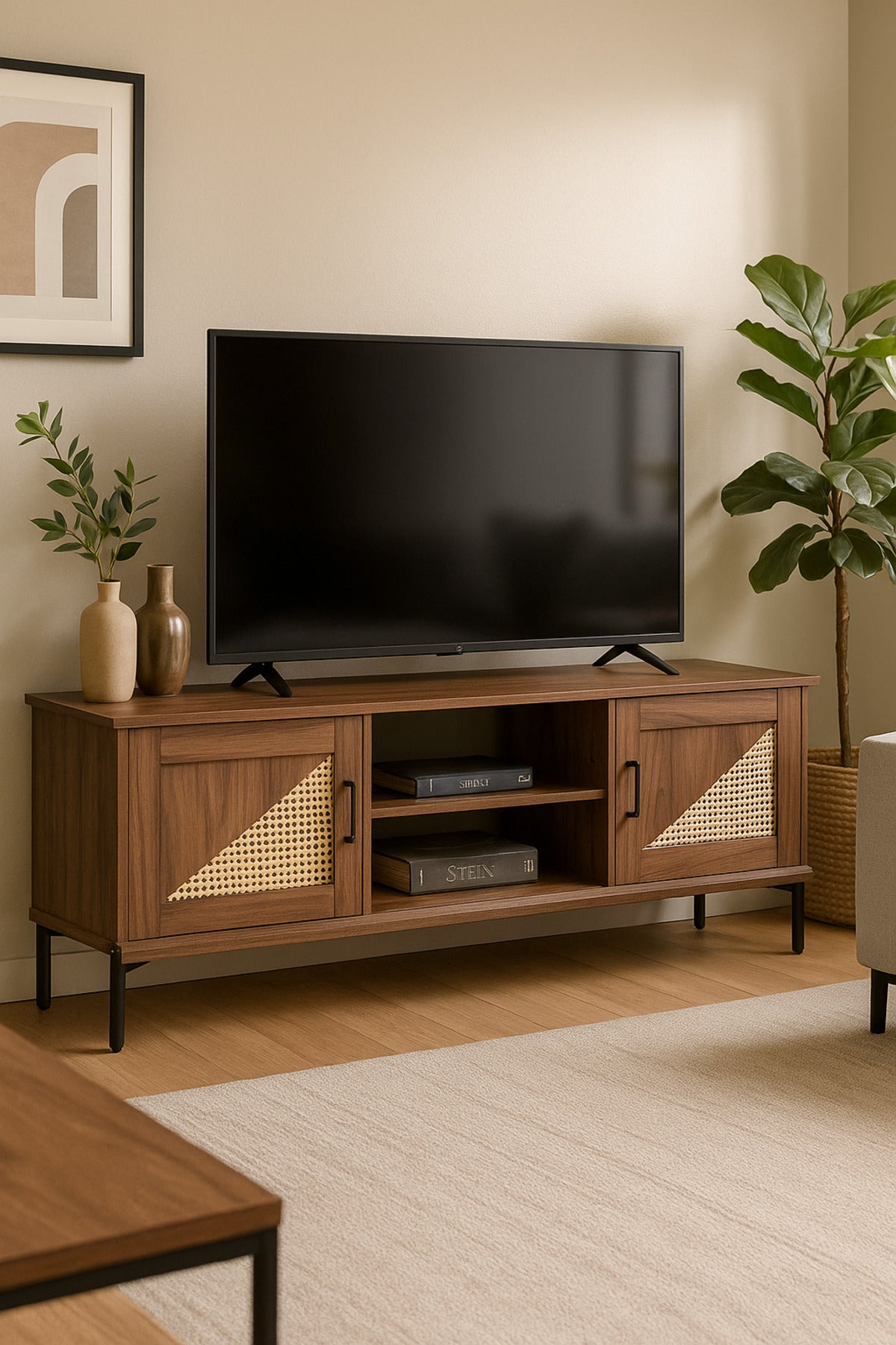 Modern Walnut TV Cabinet 160_39.5_56 cm Wooden Entertainment Unit with Rattan Design Doors