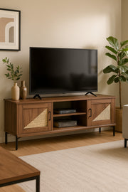 Modern Walnut TV Cabinet 160_39.5_56 cm Wooden Entertainment Unit with Rattan Design Doors
